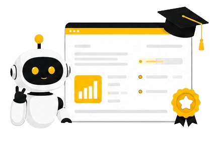 AI student working with tools and earning certification